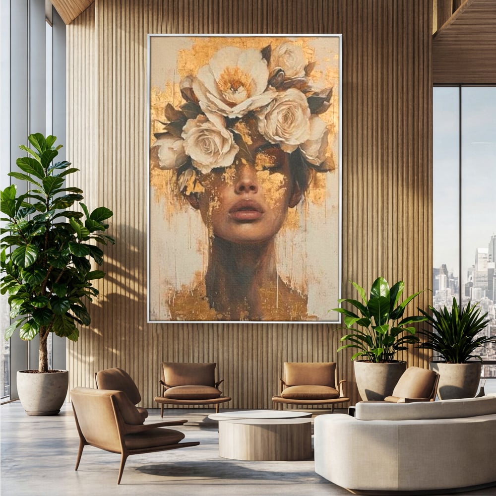 Tablou canvas cu portret feminin cu foita de aur si flori, in rama de aluminiu argintiu, pe perete intr-un birou